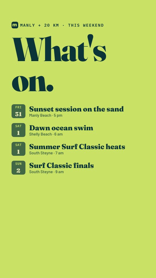 Sample frame: What's on this weekend in Manly, four events